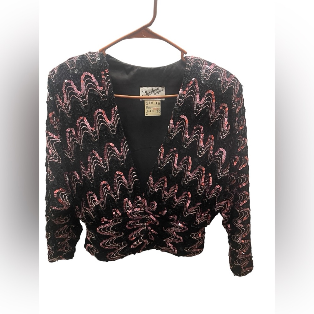 Vintage Claralura Original Black & Pink Sequin 70s 80s Cardigan evening Jacket